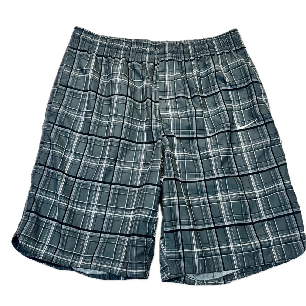 Nike‎ Mens Plaid Swim Trunks Grey Black Board Shorts Large 397143-060